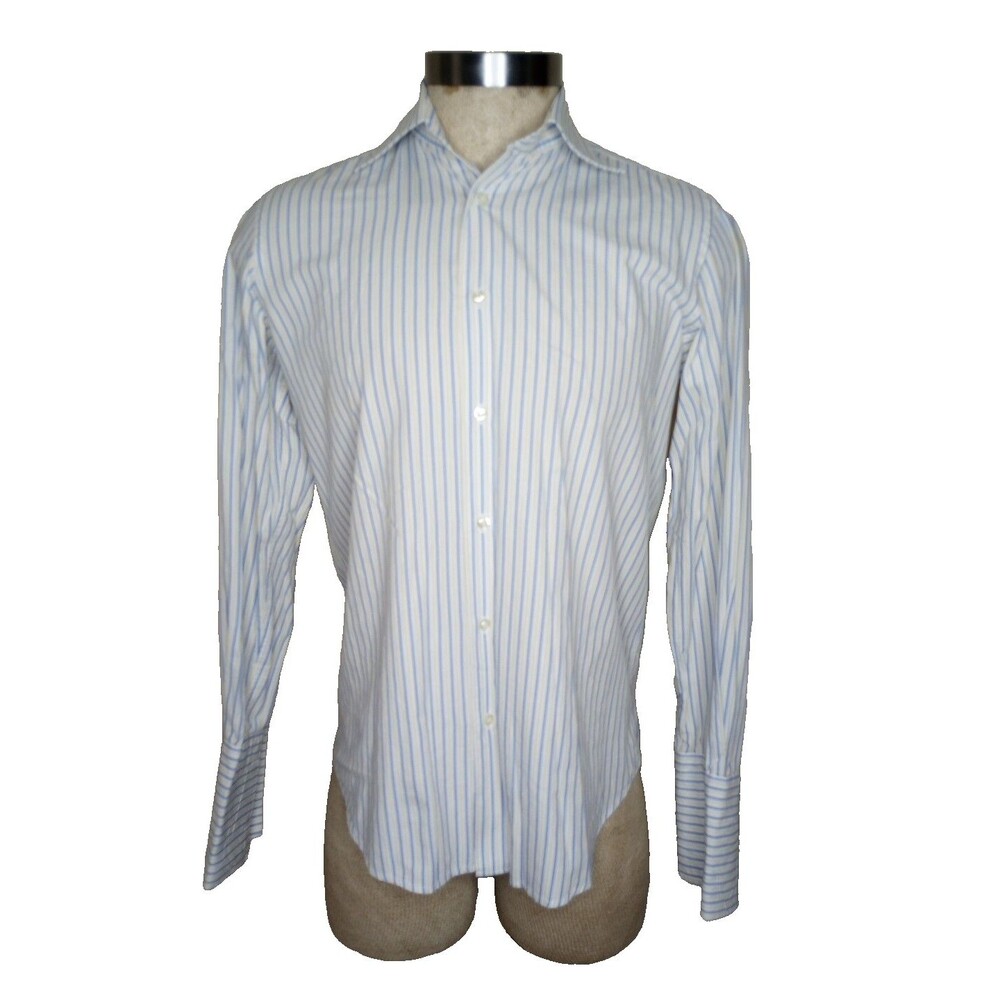 Luciano Barbera Shirt Mens 38-15 Blue Yellow Stripe Italian Cotton EUC